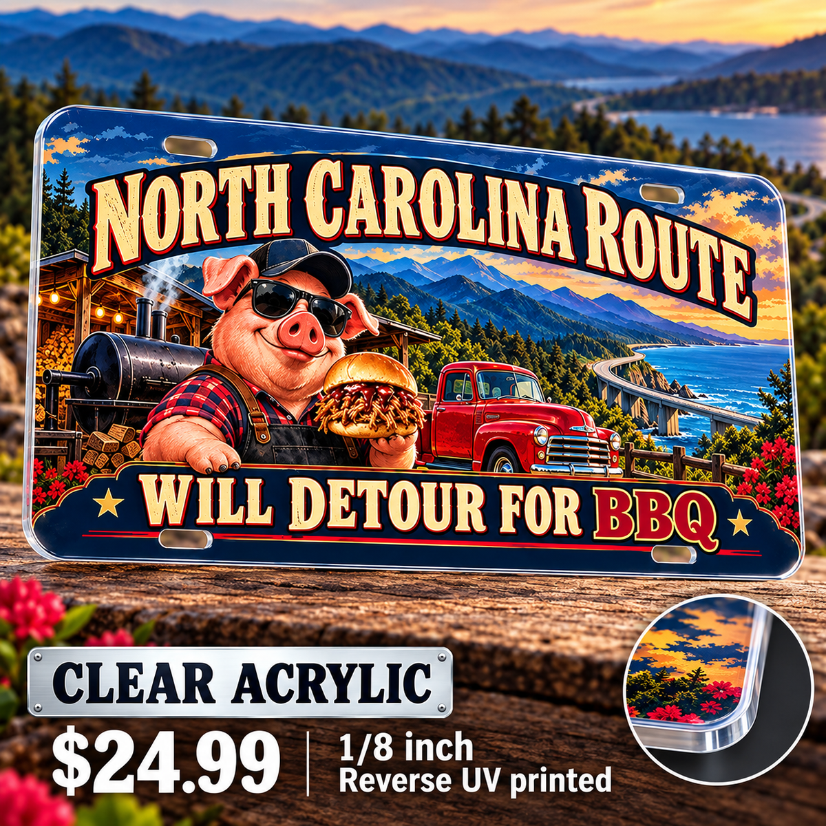 North Carolina BBQ Detour funny license plate — ⅛-inch reverse UV printed acrylic with opaque artwork