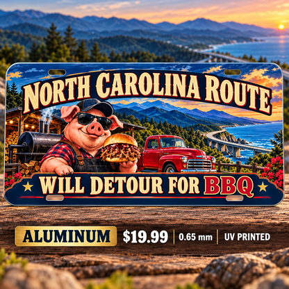 North Carolina BBQ Detour funny license plate — 0.65 mm UV printed aluminum