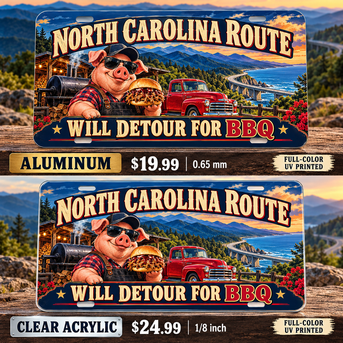 North Carolina BBQ Detour funny license plate — aluminum $19.99 and clear acrylic $24.99 comparison