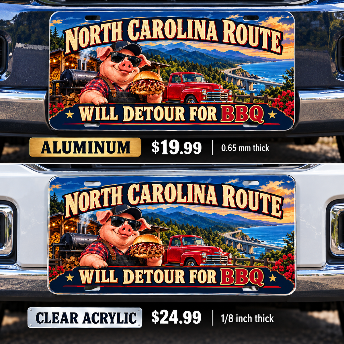 North Carolina BBQ Detour funny license plate — aluminum and acrylic vehicle mockups