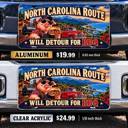 North Carolina BBQ Detour funny license plate — aluminum and acrylic vehicle mockups