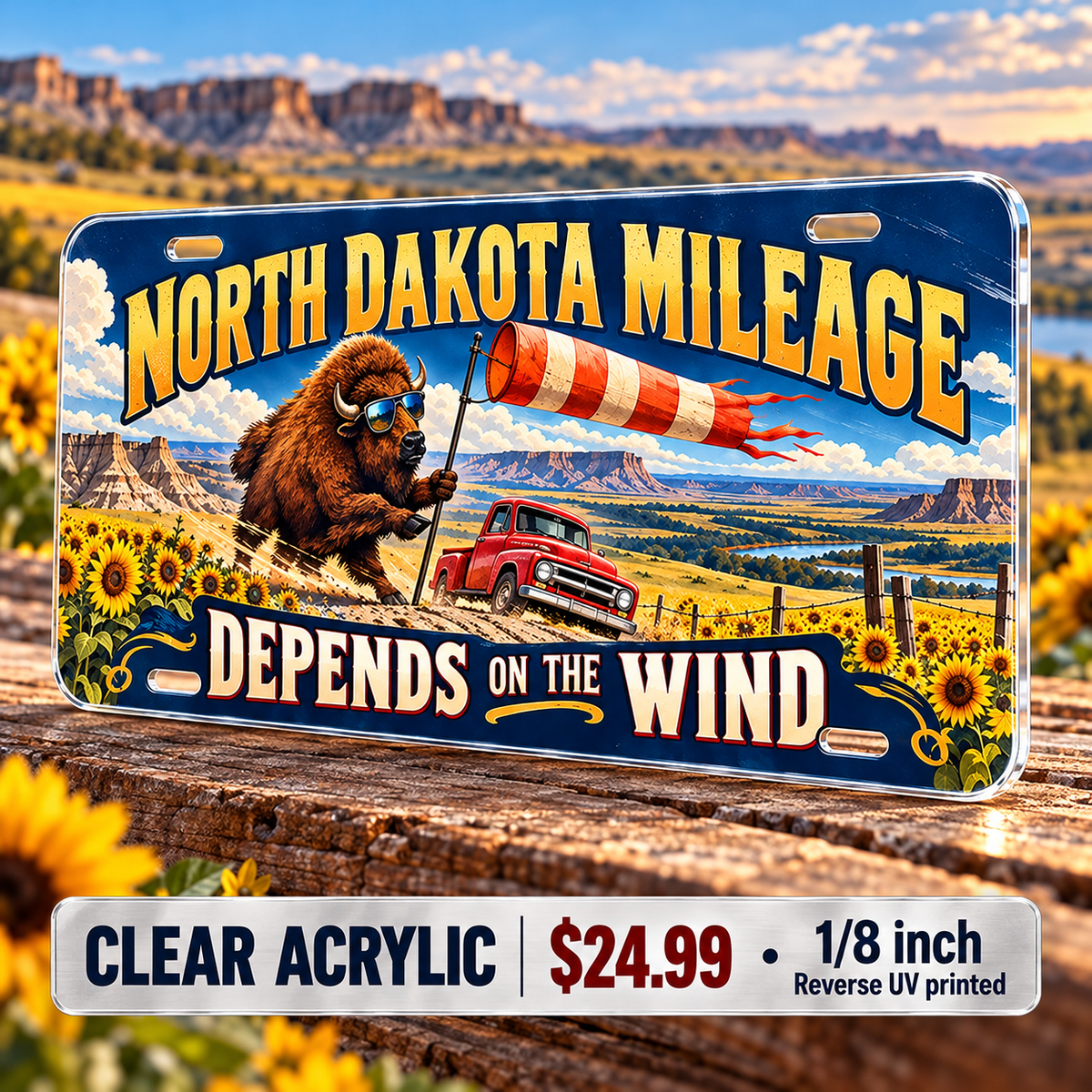 North Dakota Wind Mileage funny license plate — ⅛-inch reverse UV printed acrylic with opaque artwork