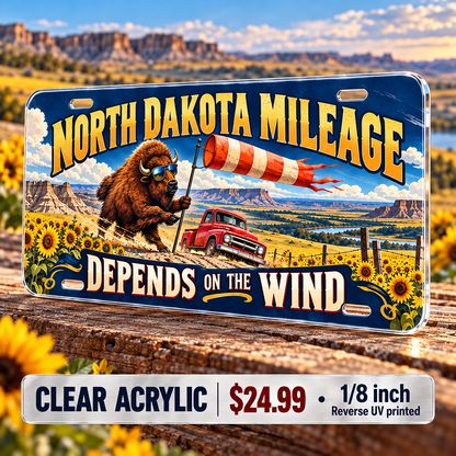 North Dakota Wind Mileage funny license plate — ⅛-inch reverse UV printed acrylic with opaque artwork
