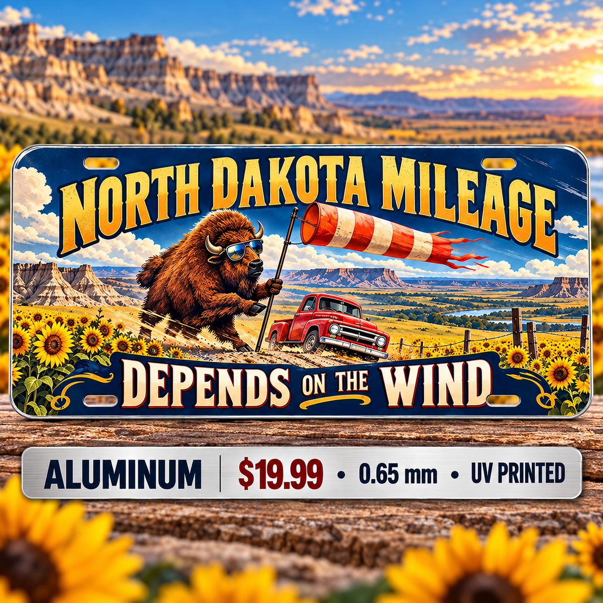 North Dakota Wind Mileage funny license plate — 0.65 mm UV printed aluminum