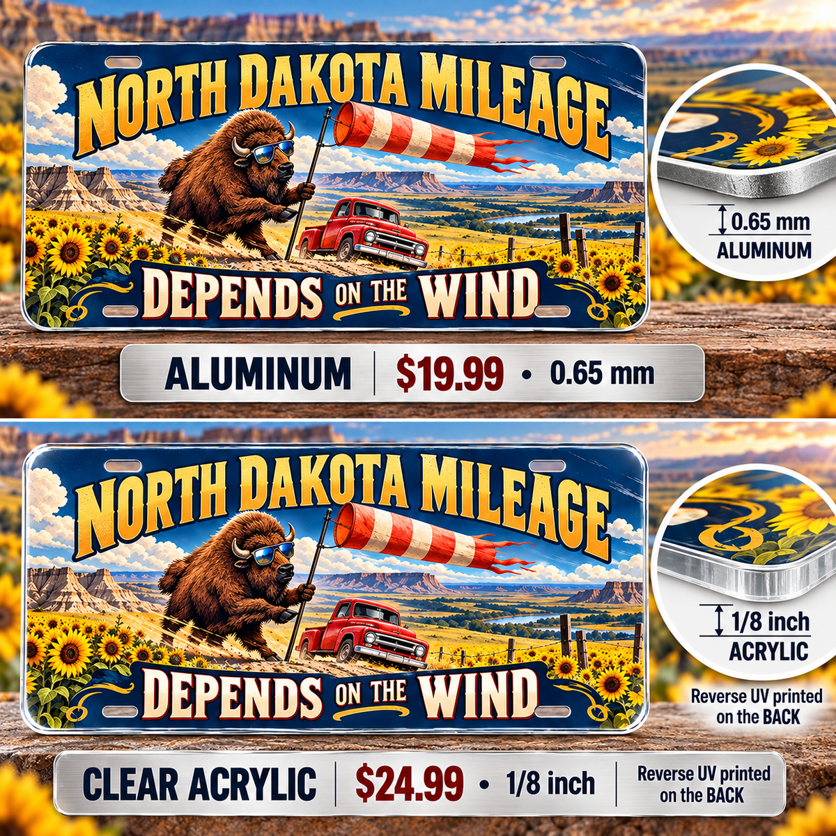 North Dakota Wind Mileage funny license plate — 0.65 mm aluminum and ⅛-inch acrylic edge detail