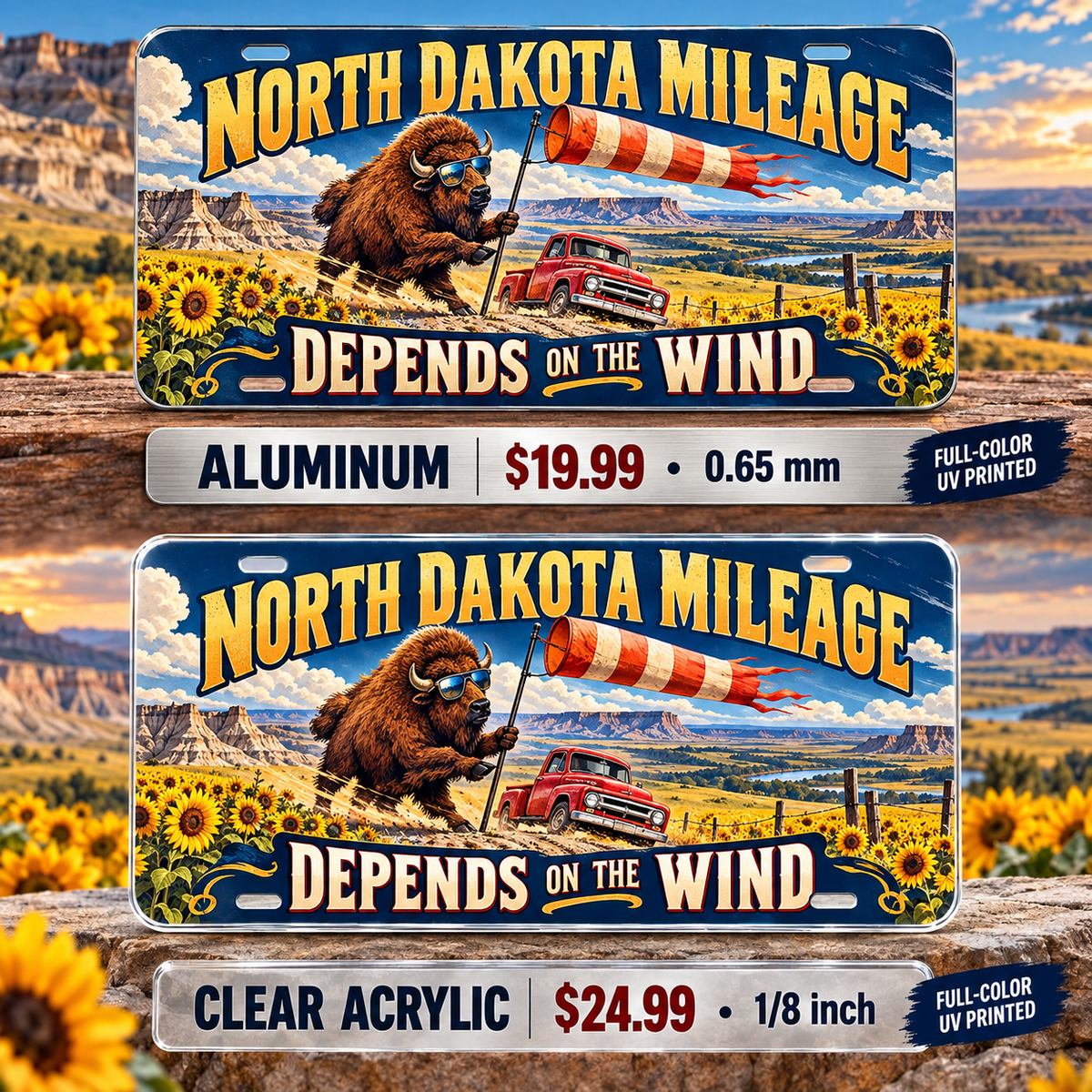 North Dakota Wind Mileage funny license plate — aluminum $19.99 and clear acrylic $24.99 comparison