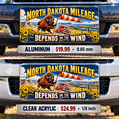 North Dakota Wind Mileage funny license plate — aluminum and acrylic vehicle mockups
