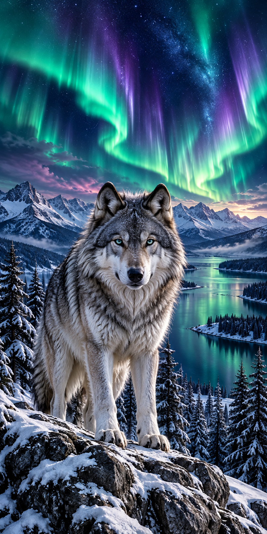 Northern Lights Wolf cornhole wrap hole-free artwork