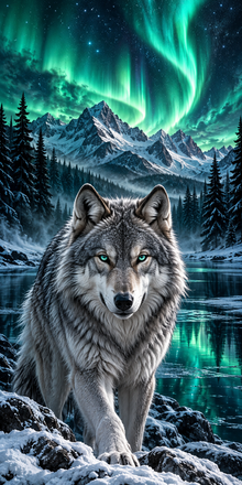 Northern Lights Wolf hole-free print artwork