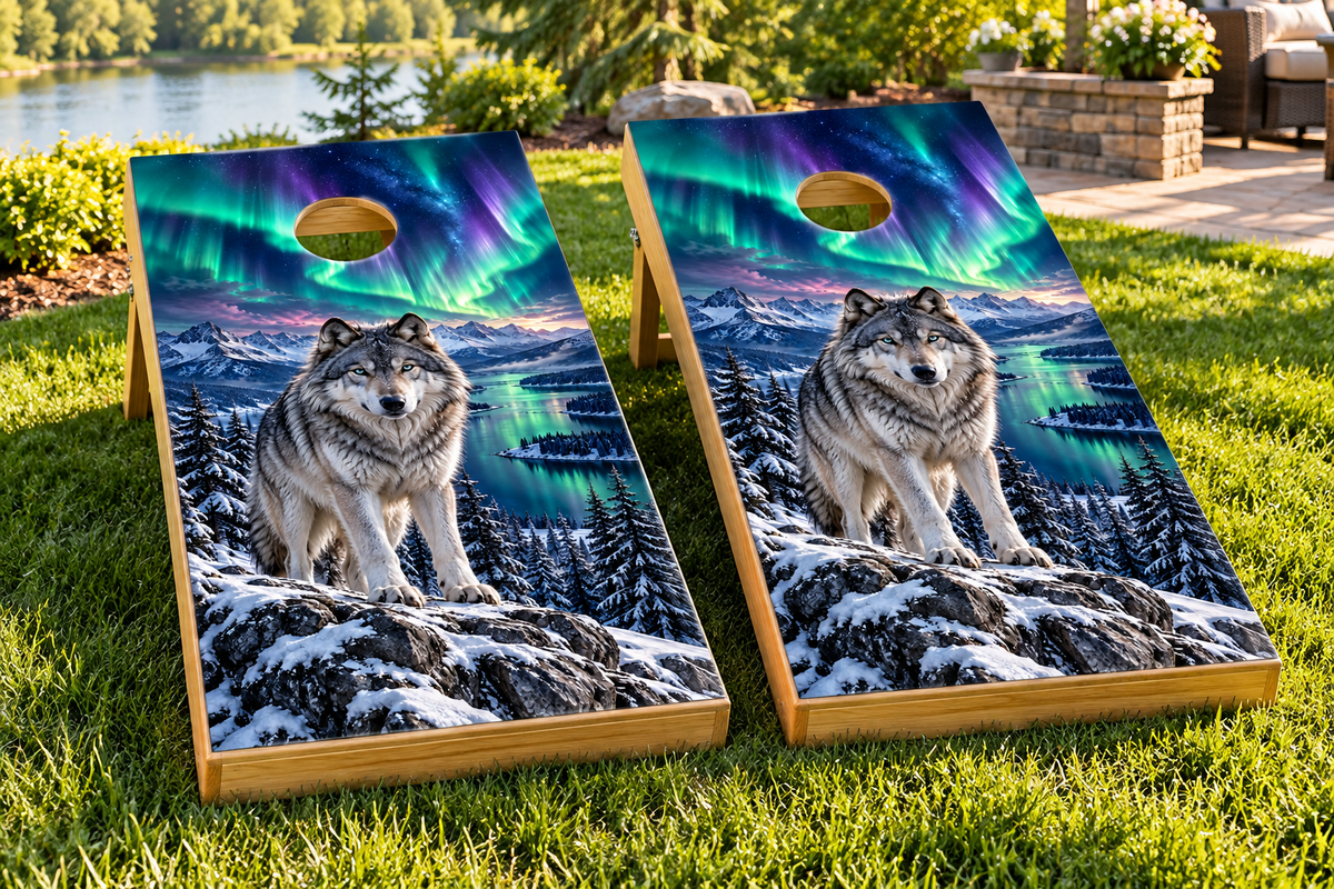 Northern Lights Wolf cornhole wrap installed board mockup; boards not included