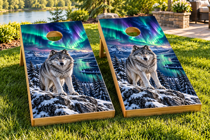 Northern Lights Wolf cornhole wrap installed board mockup; boards not included