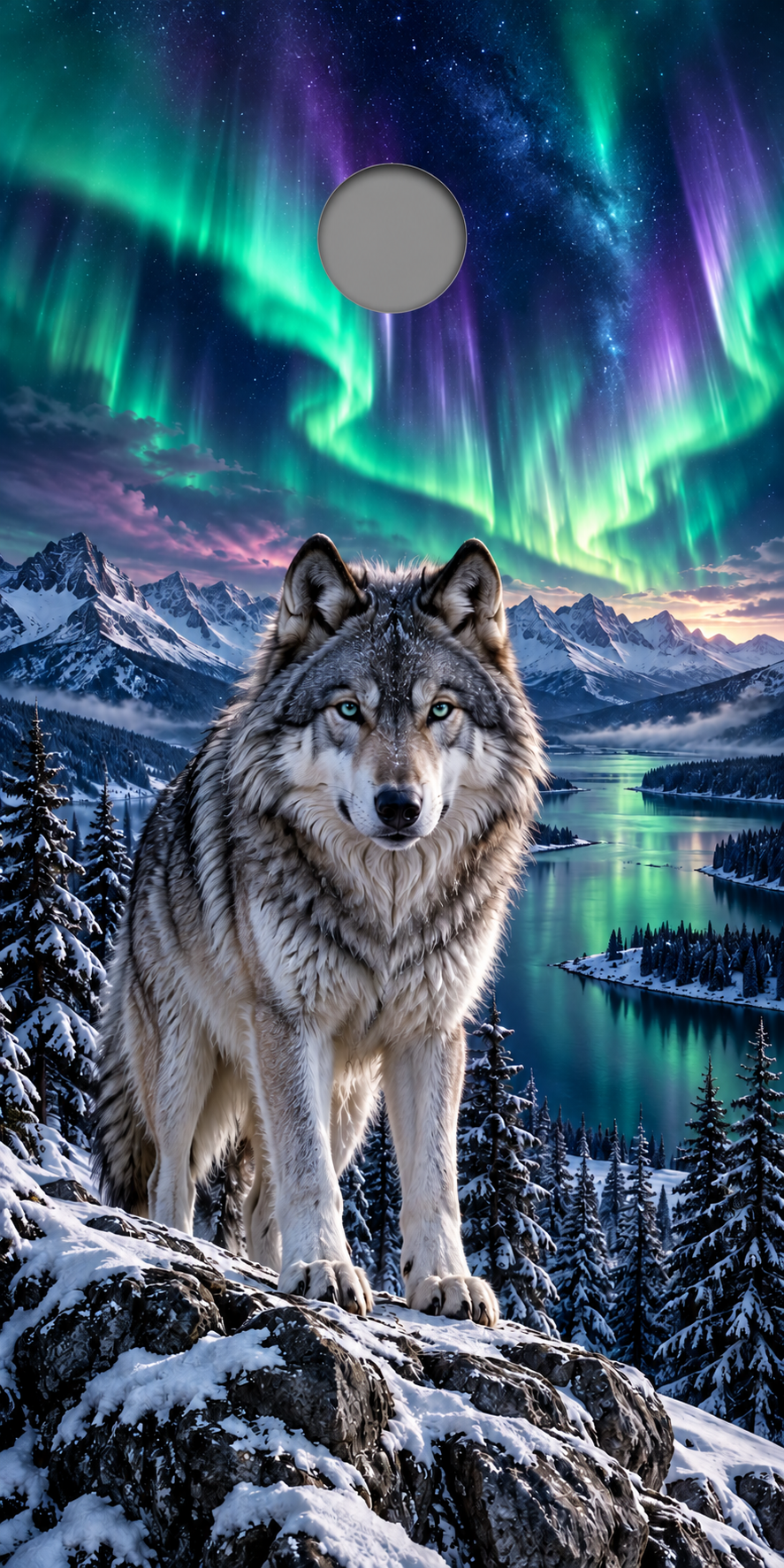 Northern Lights Wolf cornhole wrap proof showing approximate hole location