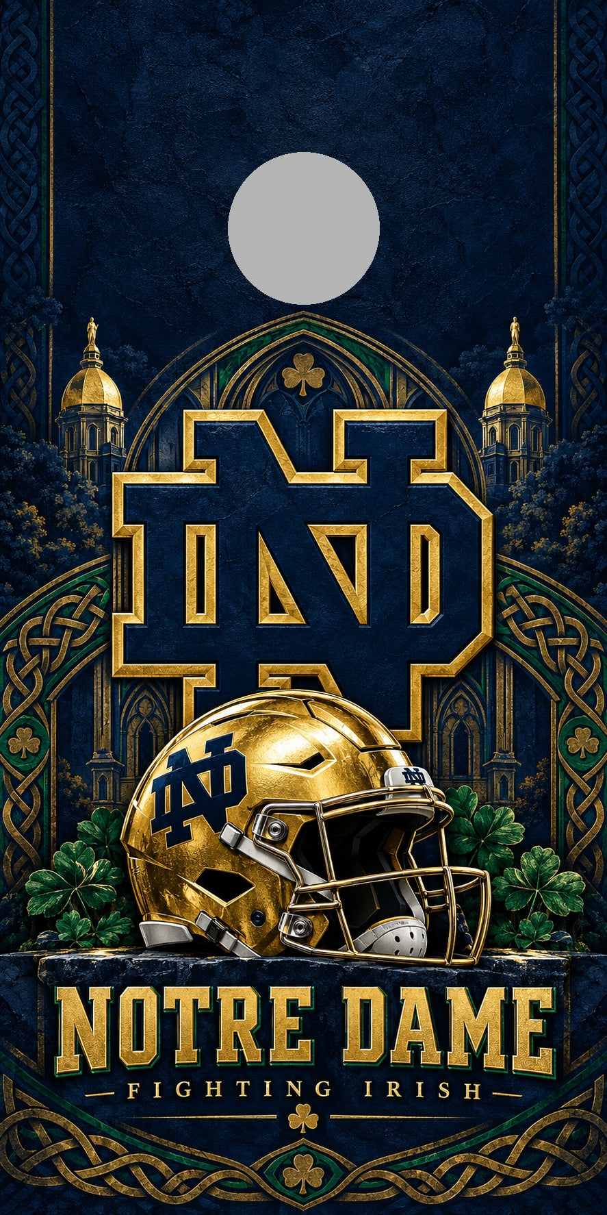 Notre Dame Golden Tradition Cornhole Board Wraps with plain gray hole-position preview