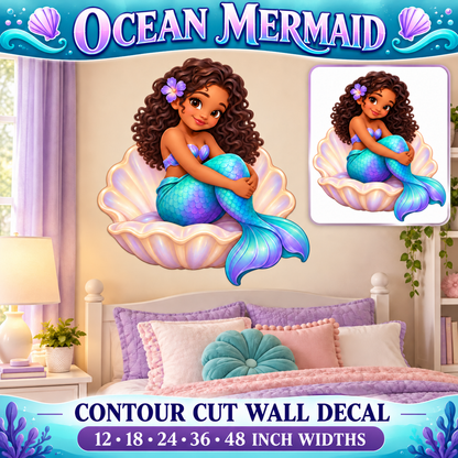 Ocean Mermaid – Girls Room Wall Decal summary and bedroom mockup – 12 to 48 inch widths