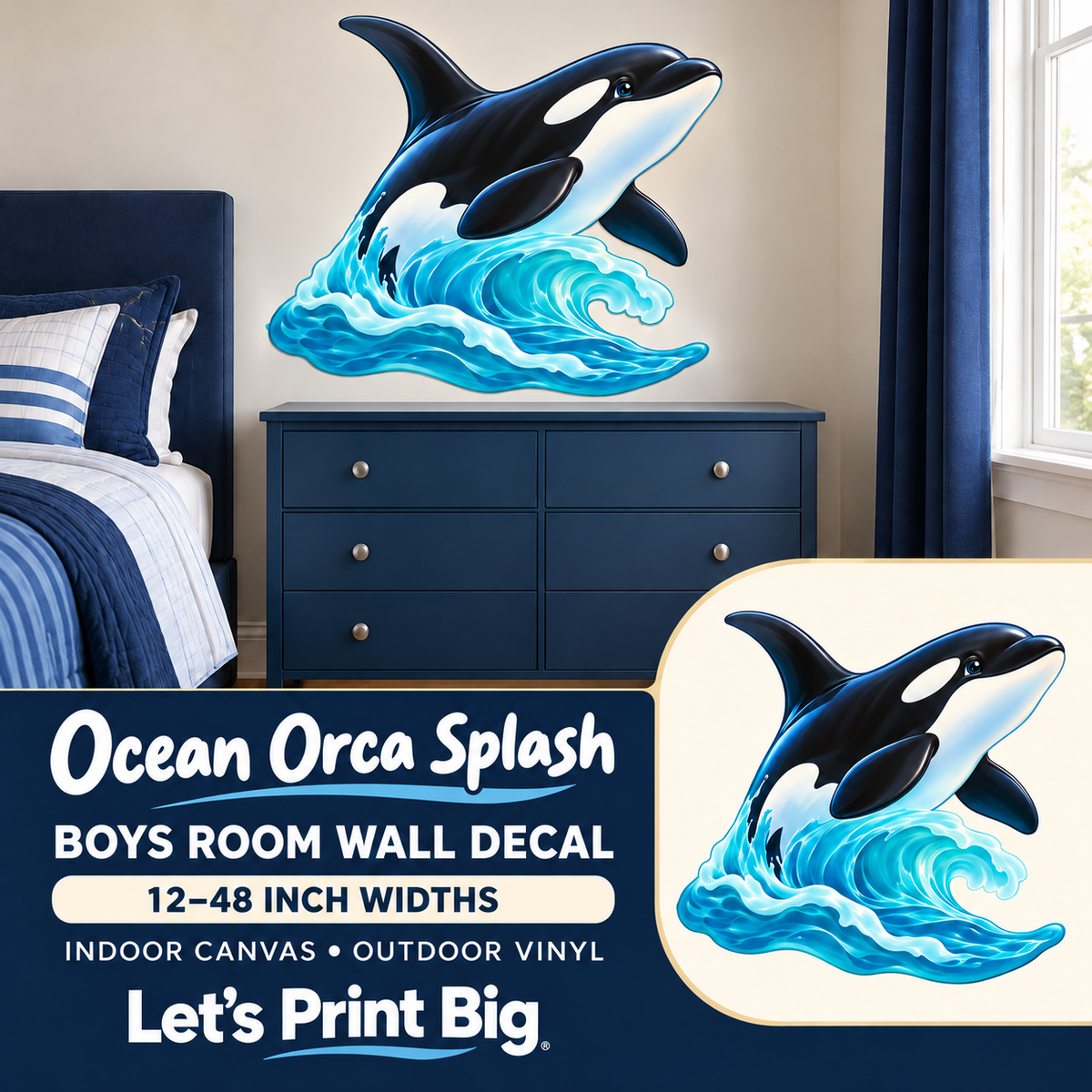 Ocean Orca Splash – Boys Room Wall Decal summary and bedroom mockup – 12 to 48 inch widths