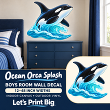 Ocean Orca Splash – Boys Room Wall Decal summary and bedroom mockup – 12 to 48 inch widths