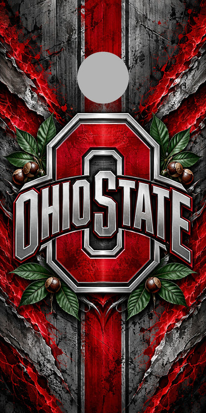 Ohio State Buckeye Steel Cornhole Board Wraps with plain gray hole-position preview