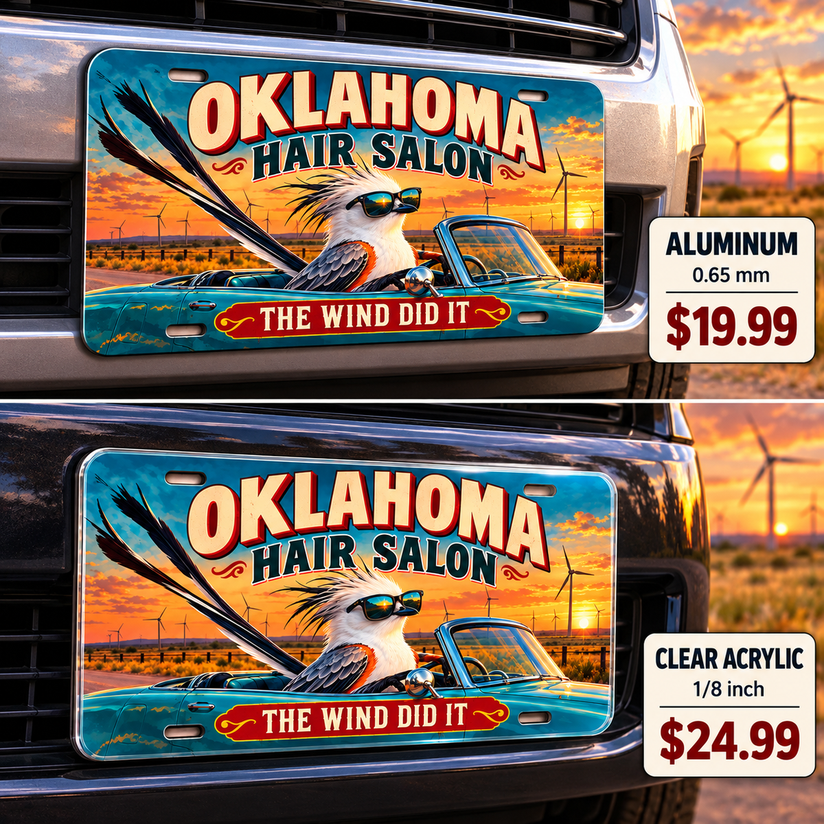 Oklahoma Wind Stylist funny license plate — aluminum and acrylic vehicle mockups