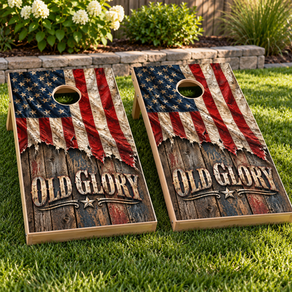 Old Glory Barnwood Cornhole Board Wraps installed on two boards; boards not included