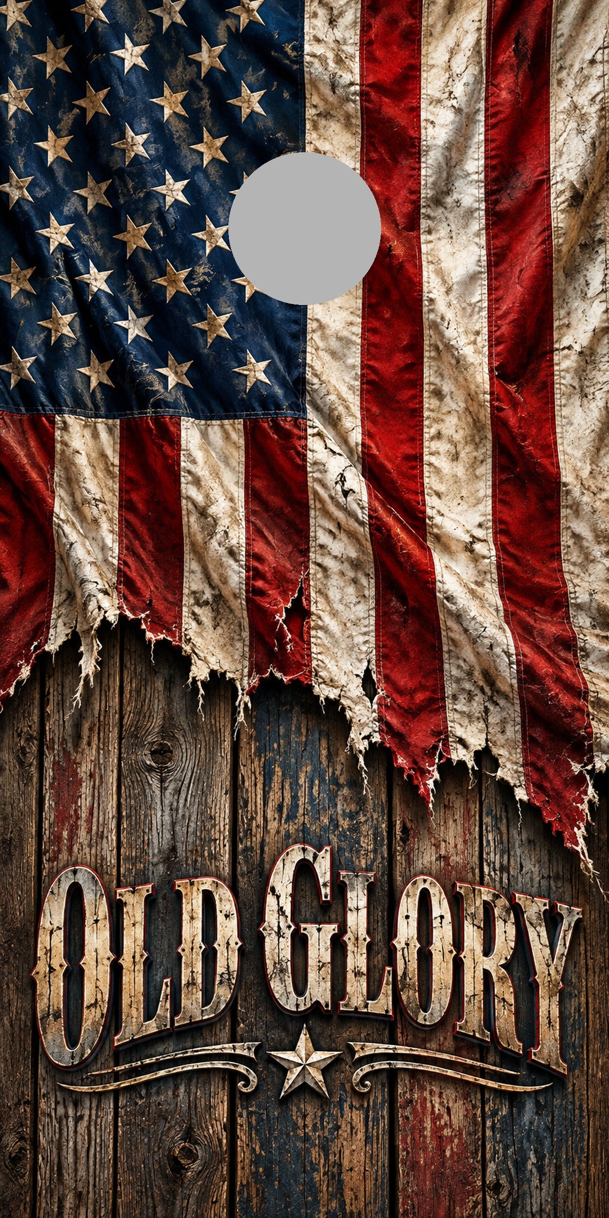 Old Glory Barnwood Cornhole Board Wraps proof with regulation gray hole-position marker