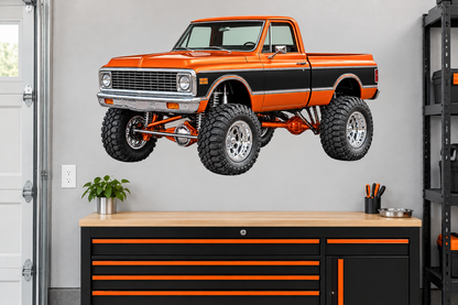 Orange & Black Classic Lifted Truck Contour Cut Decal – Indoor or Outdoor garage mockup, illustrative size