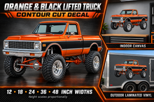 Orange & Black Classic Lifted Truck Contour Cut Decal – Indoor or Outdoor showcase with sizes and materials