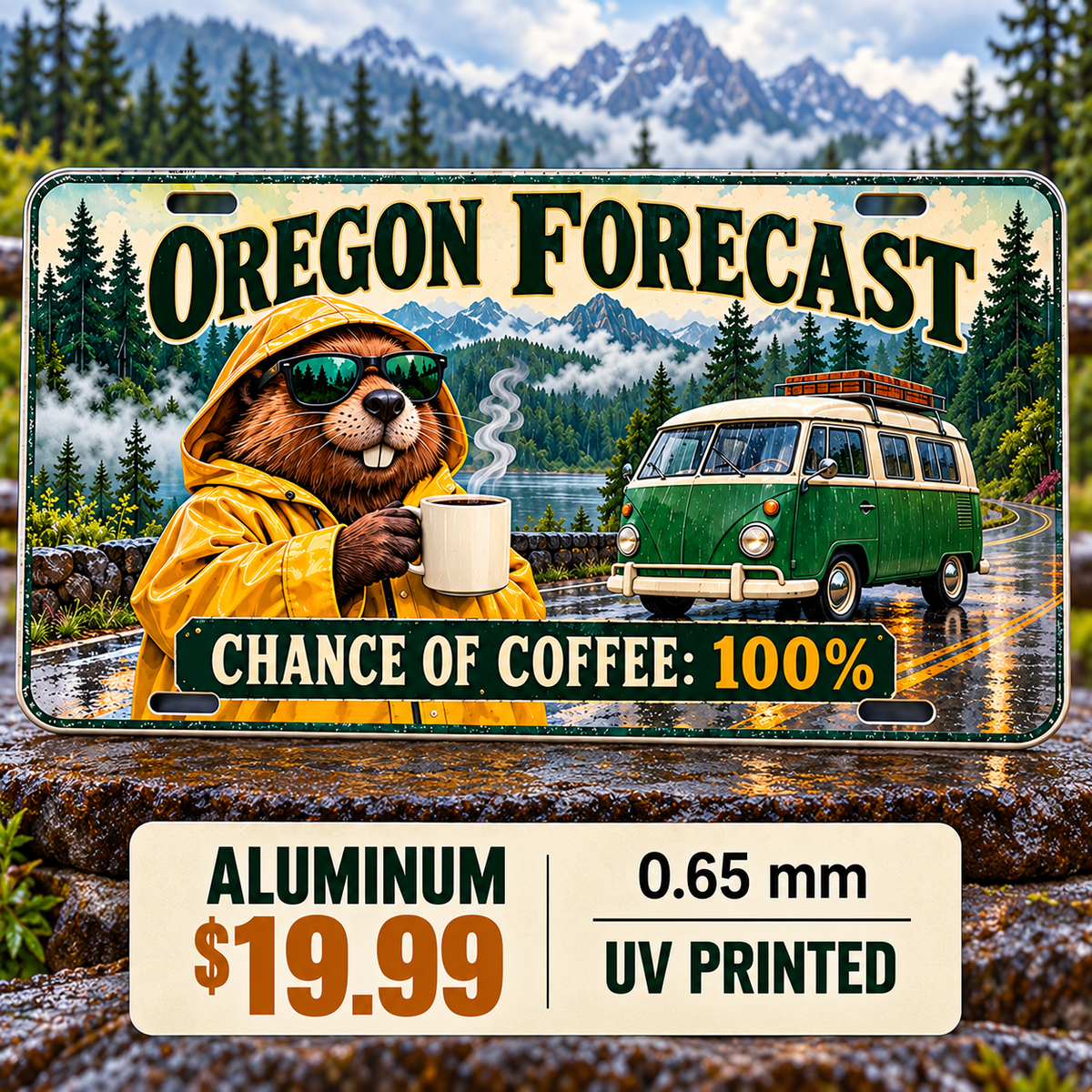 Oregon Coffee Forecast funny license plate — 0.65 mm UV printed aluminum