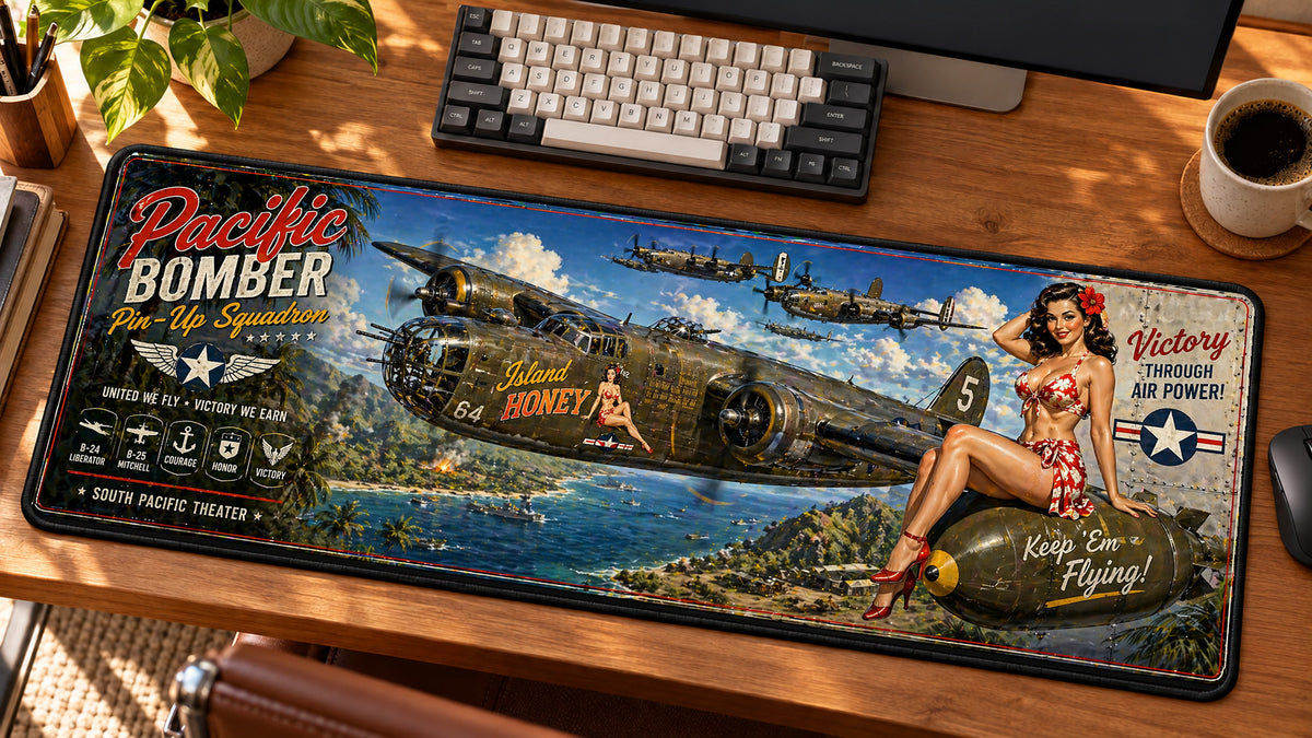Pacific Bomber Pin-Up Squadron Desk Mat in use on a warm wood office desk — angled workspace view