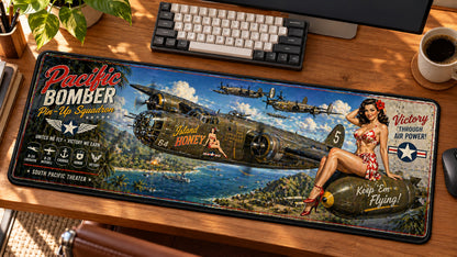 Pacific Bomber Pin-Up Squadron Desk Mat in use on a warm wood office desk — angled workspace view