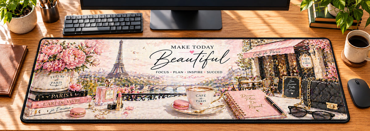 Paris Café Chic Desk Mat in use on a warm wood office desk — overhead workspace view