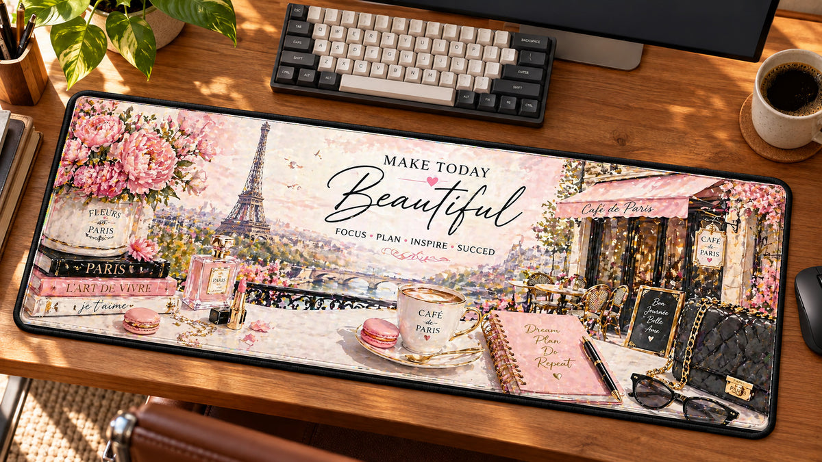 Paris Café Chic Desk Mat in use on a warm wood office desk — angled workspace view