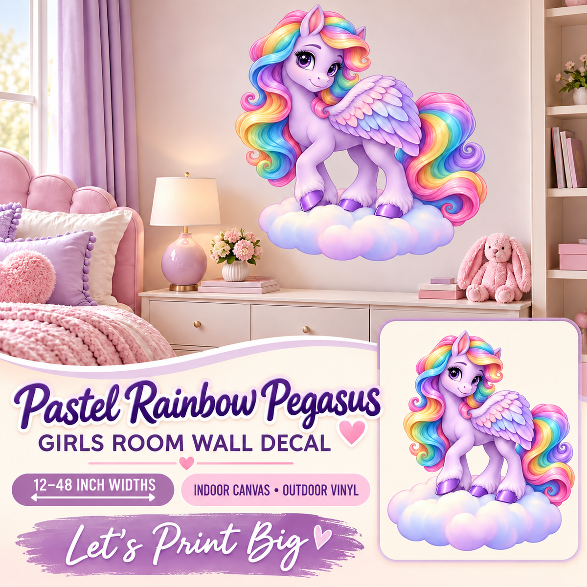 Pastel Rainbow Pegasus – Girls Room Wall Decal summary and bedroom mockup – 12 to 48 inch widths