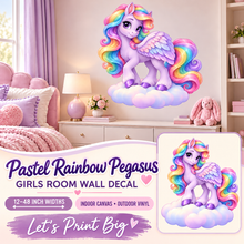 Pastel Rainbow Pegasus – Girls Room Wall Decal summary and bedroom mockup – 12 to 48 inch widths