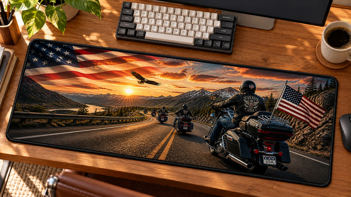 Patriot Rider USA Desk Mat in use on a warm wood office desk — angled workspace view
