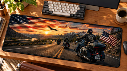 Patriot Rider USA Desk Mat in use on a warm wood office desk — angled workspace view
