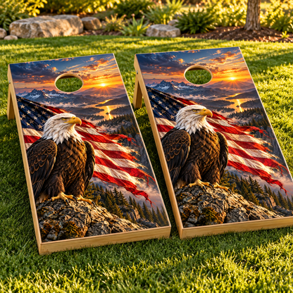 Patriotic Eagle Sunset installed cornhole board mockup; boards not included