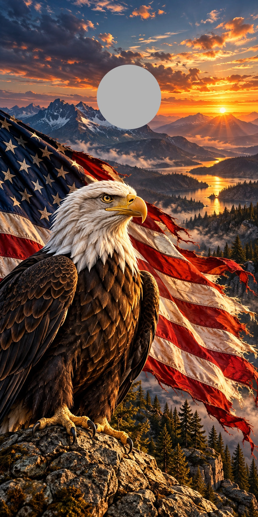 Patriotic Eagle Sunset cornhole wrap proof showing hole position