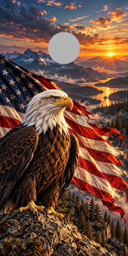 Patriotic Eagle Sunset cornhole wrap proof showing hole position