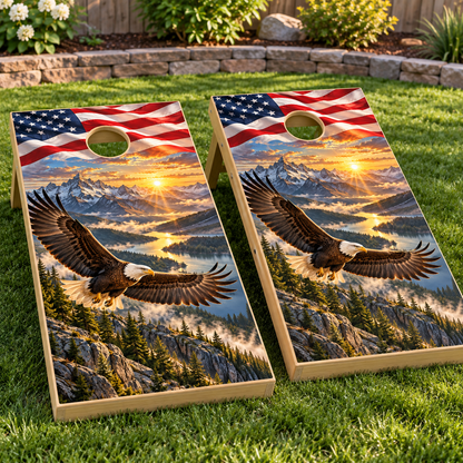 Patriotic Mountain Sunrise Cornhole Board Wraps installed on two boards; boards not included