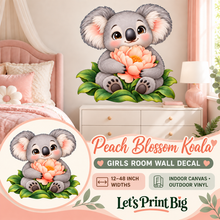 Peach Blossom Koala – Girls Room Wall Decal summary and bedroom mockup – 12 to 48 inch widths