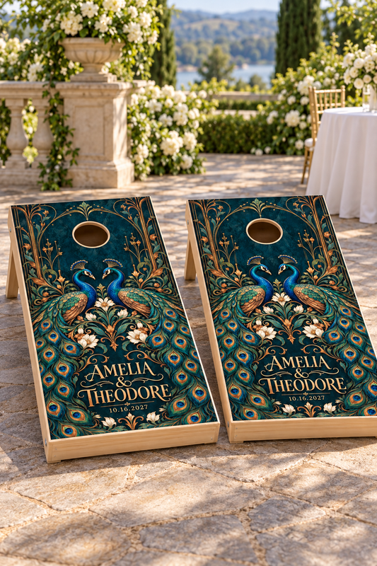 Peacock Romance personalized wedding and anniversary cornhole boards lifestyle mockup; boards not included