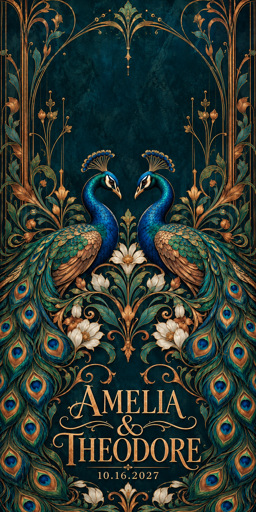 Peacock Romance personalized wedding and anniversary cornhole artwork with sample names and date