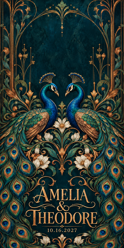 Peacock Romance personalized wedding and anniversary cornhole artwork with sample names and date