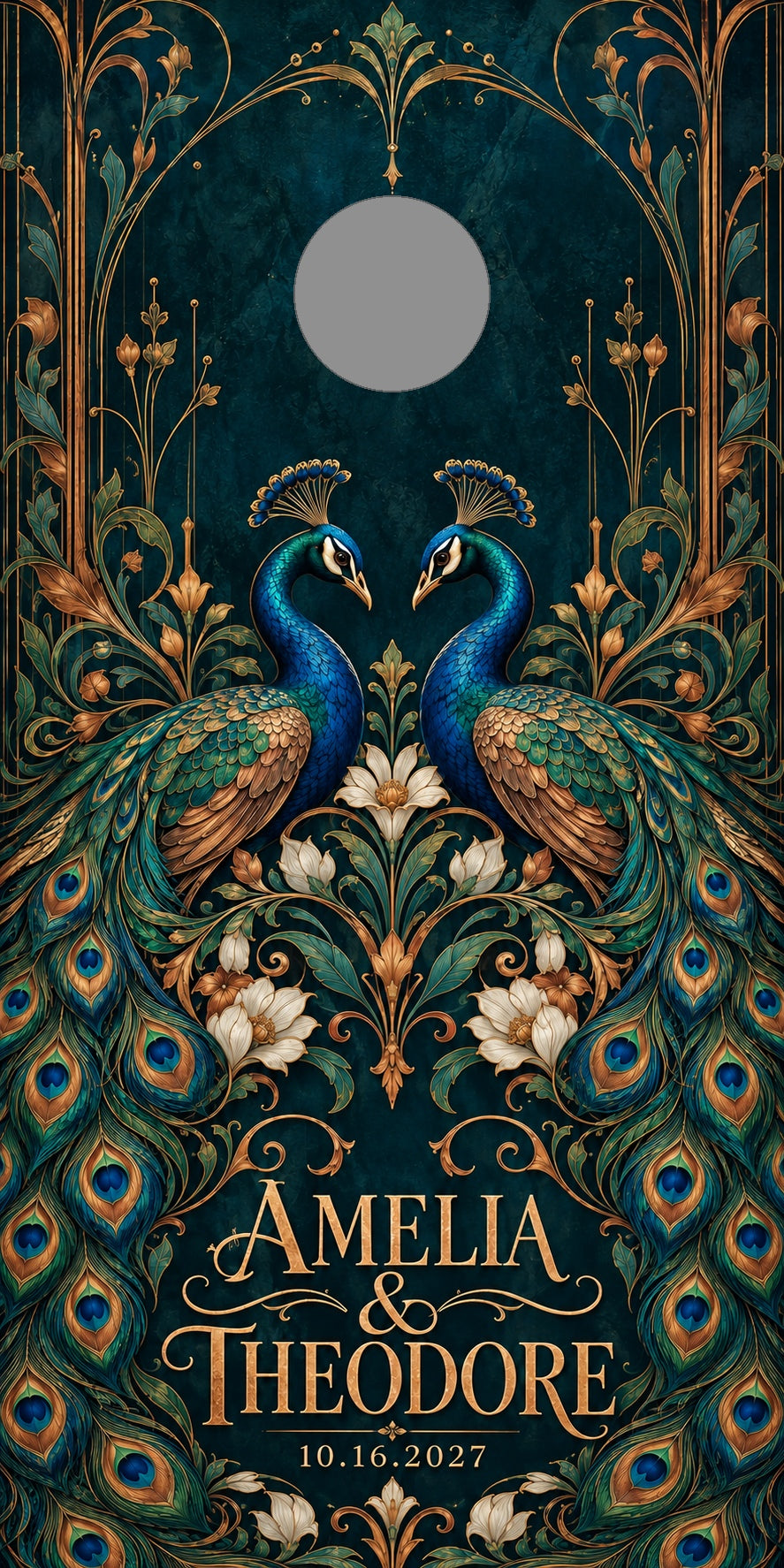 Peacock Romance personalized wedding and anniversary cornhole wrap with gray hole-position preview marker