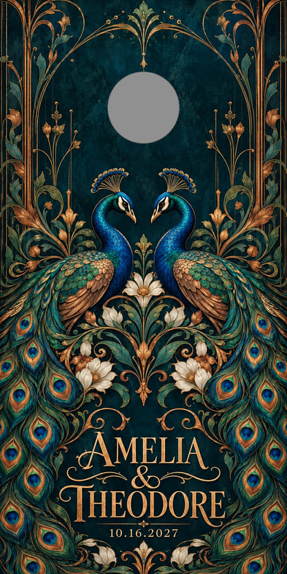Peacock Romance personalized wedding and anniversary cornhole wrap with gray hole-position preview marker