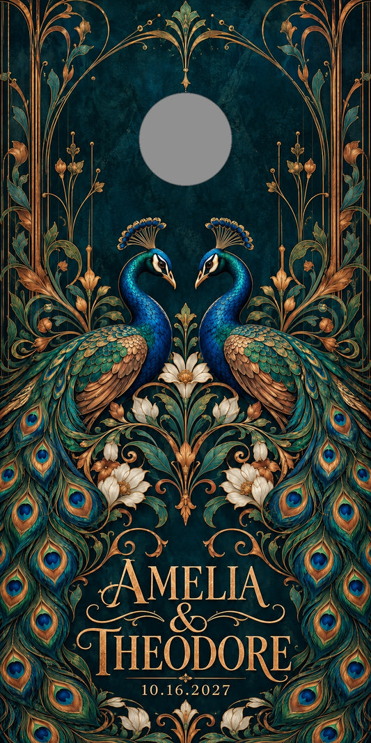 Peacock Romance personalized wedding and anniversary cornhole wrap with gray hole-position preview marker