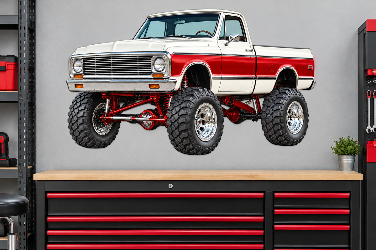 Pearl White & Red Classic Lifted Truck Contour Cut Decal – Indoor or Outdoor garage mockup, illustrative size