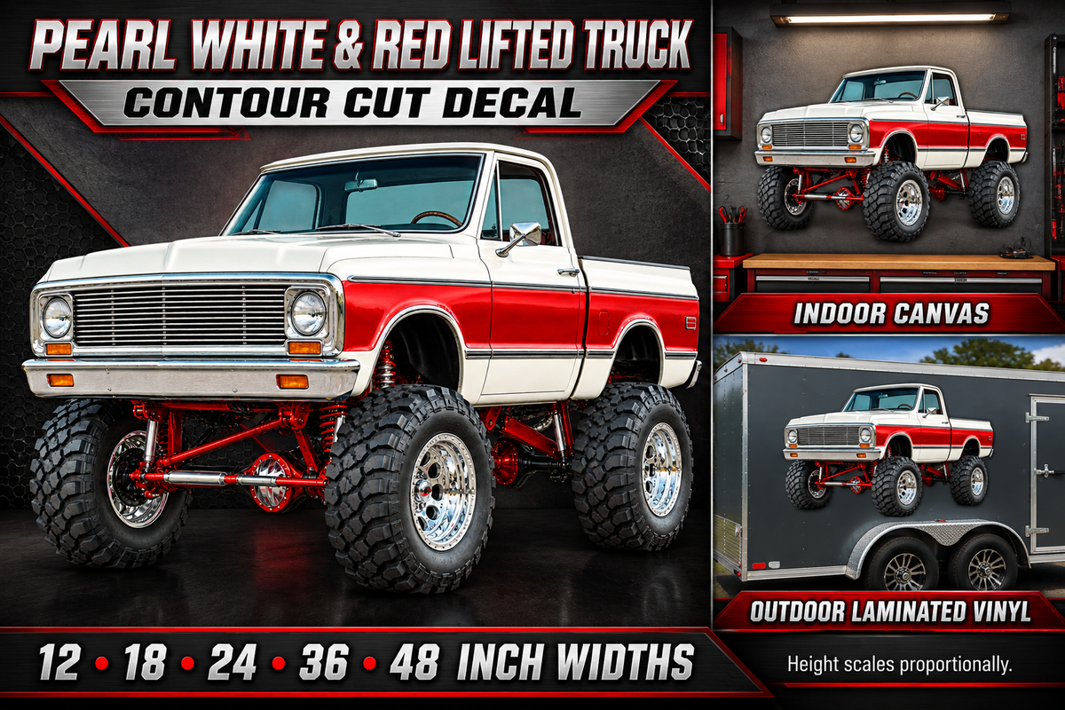 Pearl White & Red Classic Lifted Truck Contour Cut Decal – Indoor or Outdoor showcase with sizes and materials