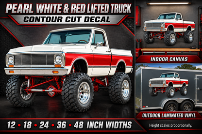Pearl White & Red Classic Lifted Truck Contour Cut Decal – Indoor or Outdoor showcase with sizes and materials