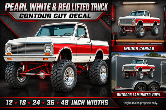 Pearl White & Red Classic Lifted Truck Contour Cut Decal – Indoor or Outdoor showcase with sizes and materials